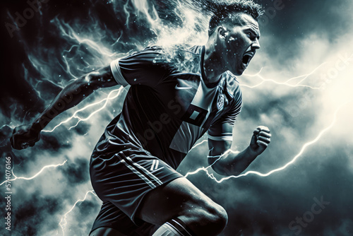 dramatic slow-motion shot of a soccer player scoring a game-winning goal amidst a storm of lightning, generative ai photo