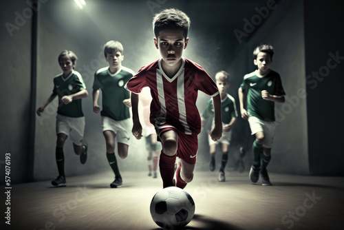 determined young boy dribbling the soccer ball past defenders, generative ai