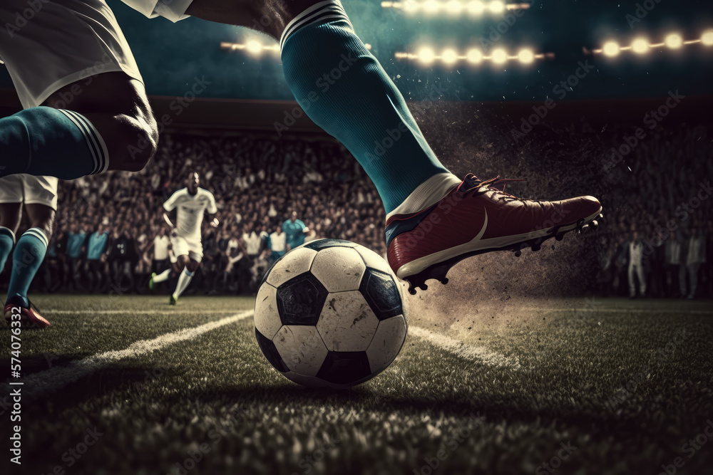 close-up of a soccer player's foot striking the ball in a packed stadium, generative ai