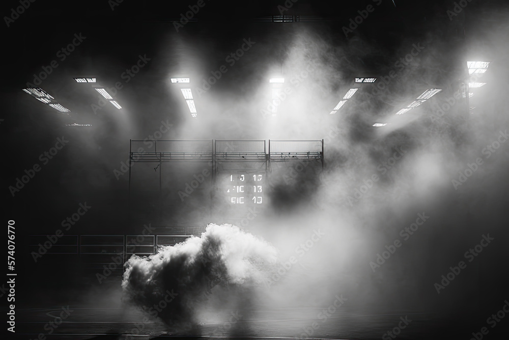 smoke, dust or haze in a stadium on the field. black-and-white. Generative AI