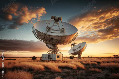 radio telescopes aligned in the sky at sunset. Generative AI photo