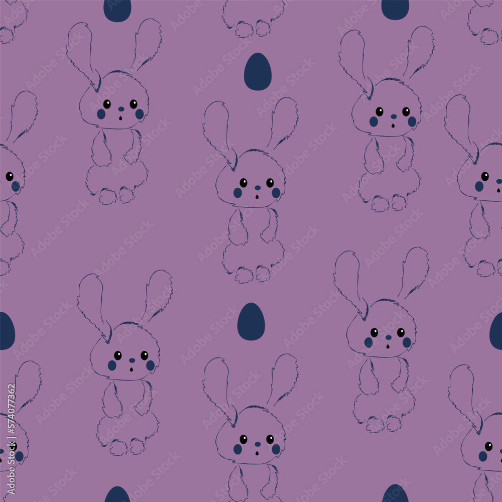 Obraz premium Happy Easter seamless pattern. Fashion design with fluffy linear easter bunny and easter eggs. Easter pattern for banner, brochure, postcard, flyer, promotional items, wrapping paper and wallpaper.