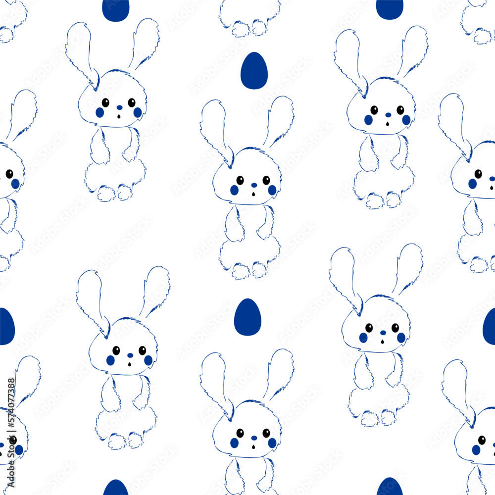 Happy Easter seamless pattern. Fashion design with fluffy linear easter bunny and easter eggs. Easter pattern for banner, brochure, postcard, flyer, promotional items, wrapping paper and wallpaper.