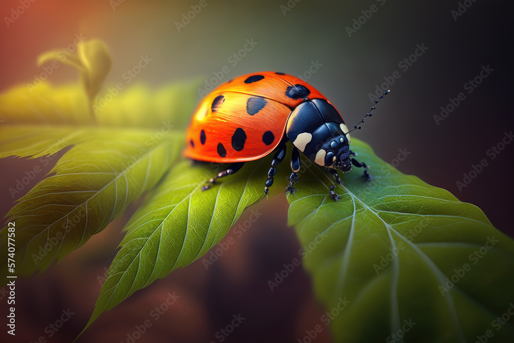 a red ladybug sits on a green leaf. Generative AI a red ladybug sits on a green leaf. Generative AI
