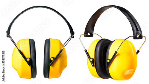 Hearing protectors used by production workers in high noise environments. Isolated background.