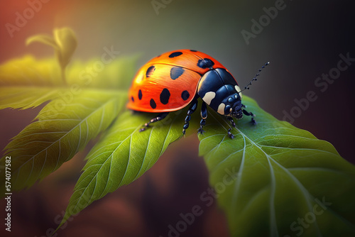 a red ladybug sits on a green leaf. Generative AI