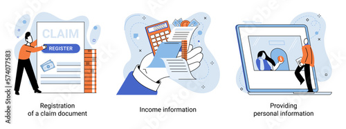 Registration of claim form register document, providing personal information, income information vector set. Employer form, earnings statement documents. Tax, financial and accounting reporting