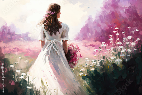 creative image of a woman in a white dress in a field of flowers. soft watercolors. Generative Ai