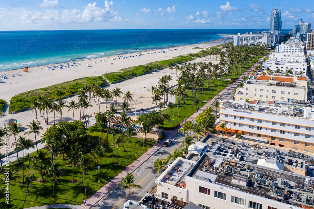 Aerial View of South Beach,Early Morning.Ocean Drive,Miami Beach,Miami,Florida.United States,USA