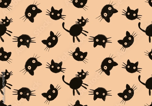 Halloween animals seamless black cats paint markers pattern for wrapping paper and fabrics and linens and kids 