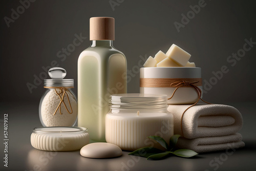 Beauty set of skin care and hair care products lotion, gel, shampoo, serum, massage brushes. Generative AI
