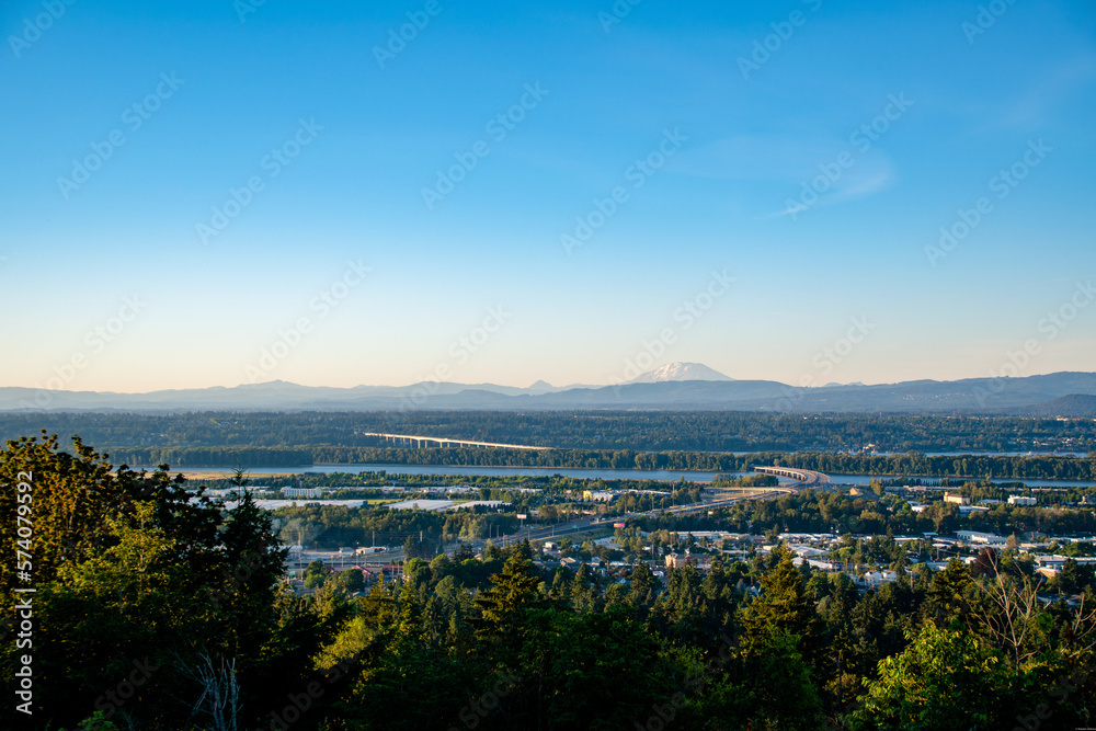 Mt. Rainier and Portland Landscape Panorama at Dusk From Rocky Butte in Portland, OR