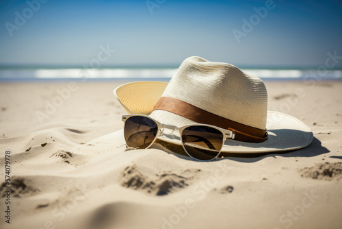 A hat with sunglasses lies on the sand on a strand by the sea. Generative AI