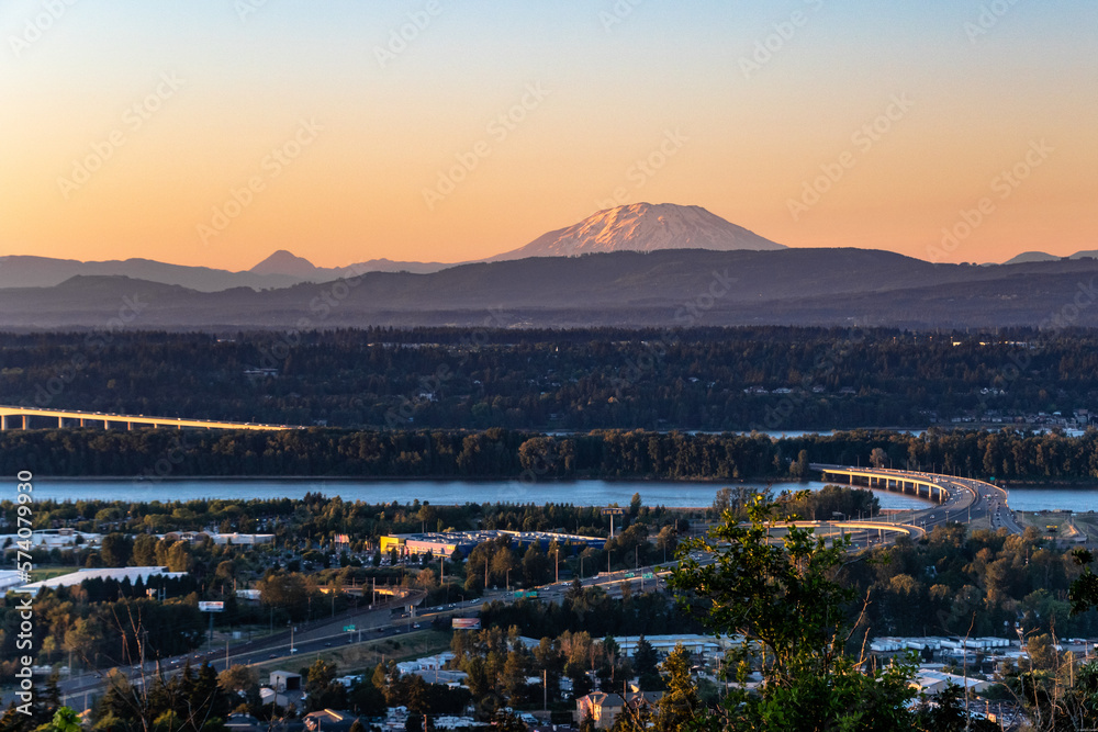 Mt. Rainier and Portland Landscape Panorama at Colorful Sunset From Rocky Butte in Portland, OR