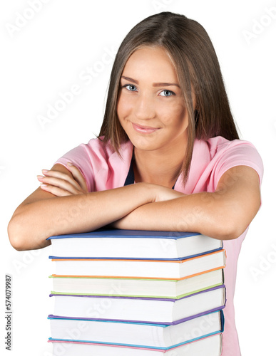 Portrait of a Young Woman with a Stack of Books