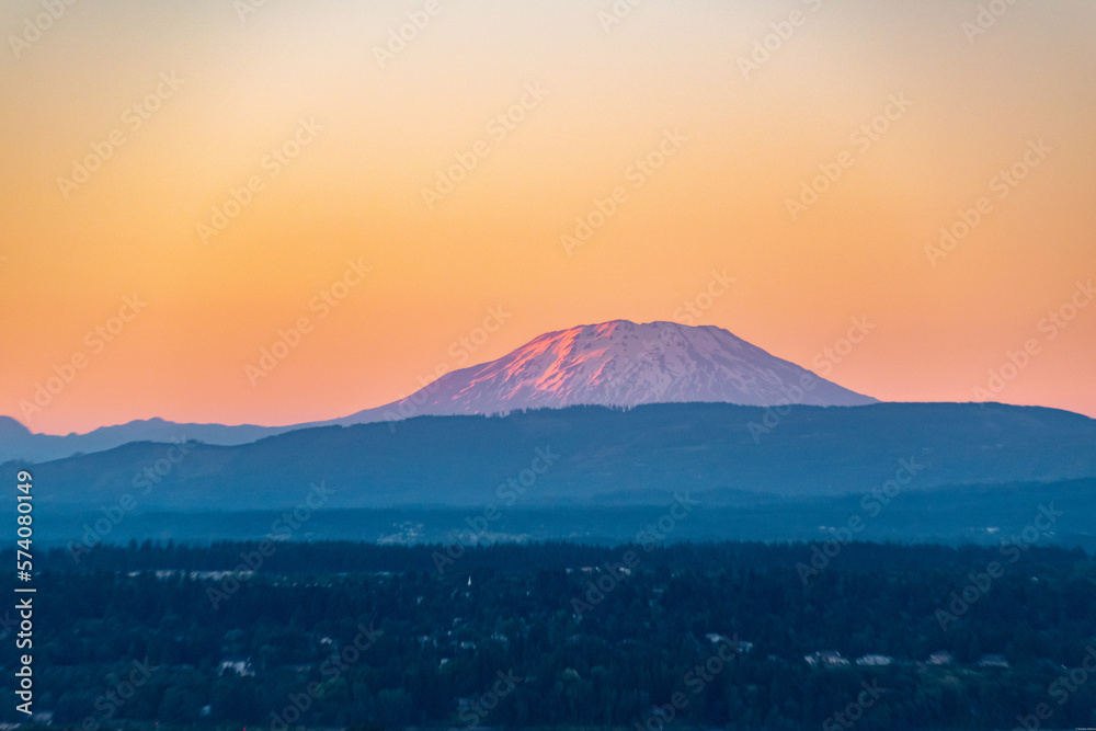Mt. Rainier and Landscape Panorama at Colorful Sunset From Rocky Butte in Portland, OR