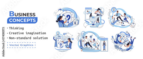 Creative thinking. People with different mental mindset types or model creative. Imaginative logical and structural thinking. MBTI person metaphor. Non standart solution. Brain think people solve idea