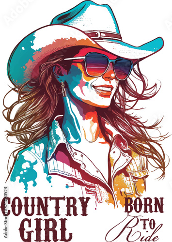 Cowgirl, country girl. Artwork design, illustration for T-shirt printing, poster, wild west style, American western. photo