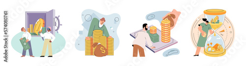 Planning successful money investment, savings and deposit big set. Calculating budget, analyzing finance report with business chart. Accounting concept. Financial advisor planning investment strategy