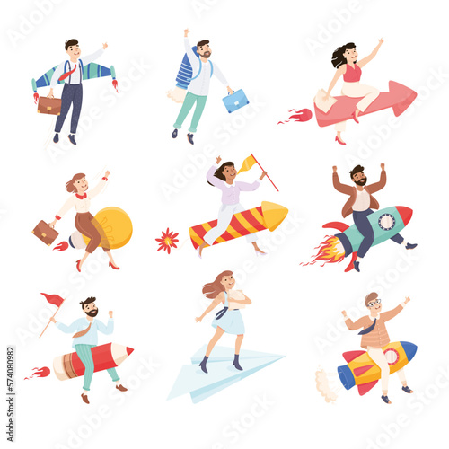 Flying successful businesspeople set. Business success, creative idea, innovation, start up concept cartoon vector illustration isolated on white