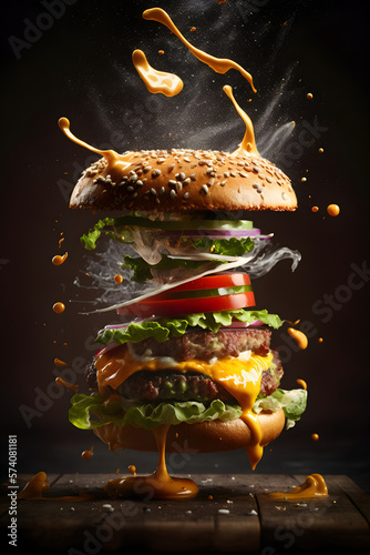 Cheeseburger pieces fly in air, illustration, generative ai.