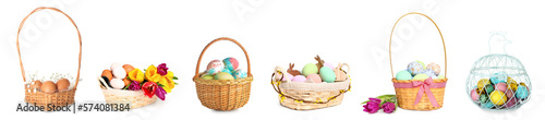 Canvas Print Set of baskets with painted Easter eggs on white background