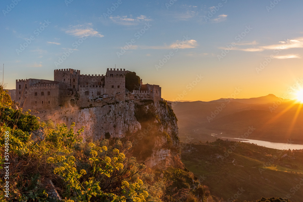 Panoramic view of Caccamo castle at sundown, province of Palermo IT