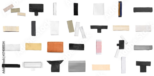 Collage of clothes labels on white background