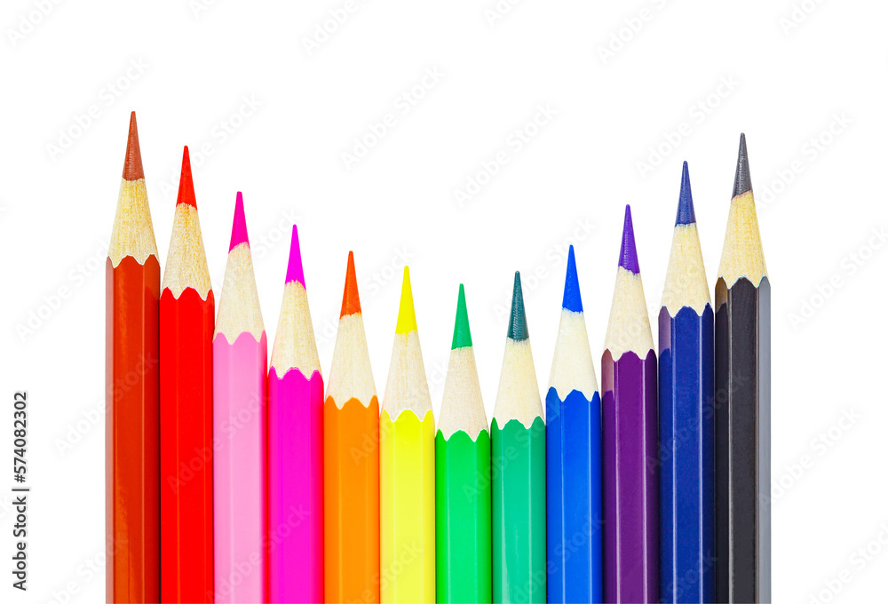 Colored pencils with facets lined with ladder, sharpened isolated on white background with clipping path Colored pencils with facets lined with ladder, sharpened isolated on white background with clipping path