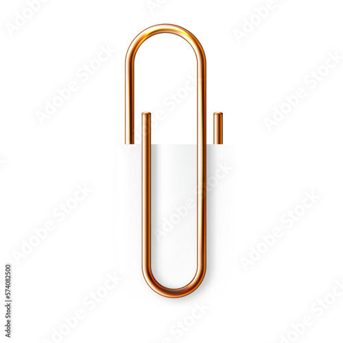 Realistic copper paperclip attached to paper isolated on white background. Shiny metal paper clip, page holder, binder. Workplace office supplies. Vector illustration