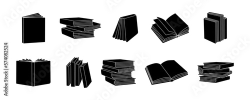 Set of books. Bookstore, library symbols. Pile of book silhouettes. Closed and open books. Library, book shop icons. Vector illustration