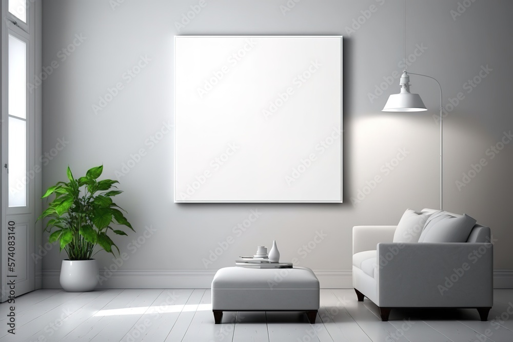 Interior poster mock up in living room with white wall. Generative AI Interior poster mock up in living room with white wall. Generative AI