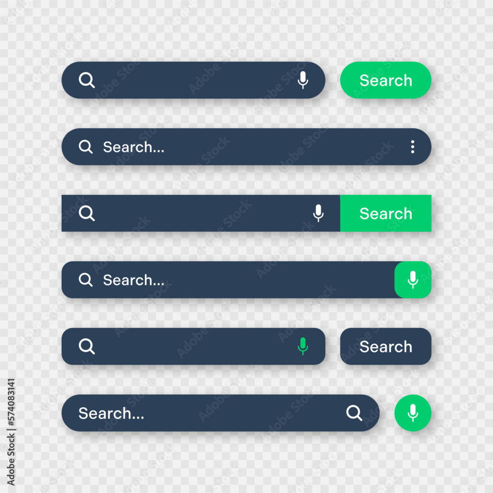 Various search bar templates, dark mode. Internet browser engine with search box, address bar and text field. UI design, website interface element with web icons and push button. Vector illustration