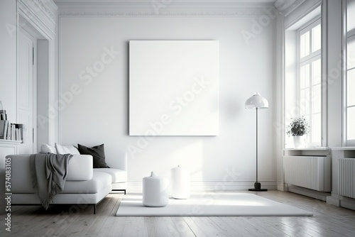 Interior poster mock up in living room with white wall. Generative AI