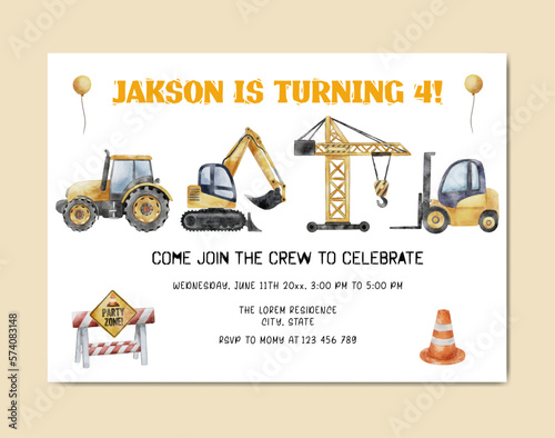 Construction Birthday Watercolor Invitation Card template background for baby and kids