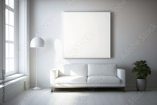 Interior poster mock up in living room with white wall. Generative AI