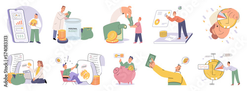 Set of people analyzing personal or corporate budget. Concept of finance accounting and calculation of financial income and expenses report. Financial consultant with document for tax computation