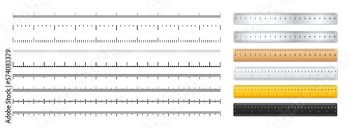 Realistic metal and plastic rulers. Measurement scales with divisions. Scale for measuring length or height in centimeters, inches. Ruler, tape measure marks, size indicators. Vector illustration