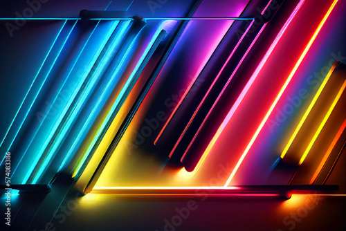 Rays of neon light on a neon wall . An empty stage. Copying space. generated AI
