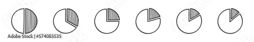 Set of doodle donut or pie charts. Hand drawn circle graphs with separated fragments. Statistics infographic sketch diagrams. Round shapes with hatched slices. Vector graphic illustration