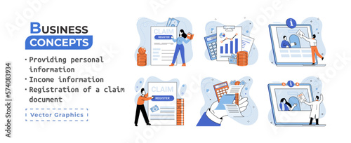 Registration of claim form register document, providing personal information, income information vector set. Employer form, earnings statement documents. Tax, financial and accounting reporting