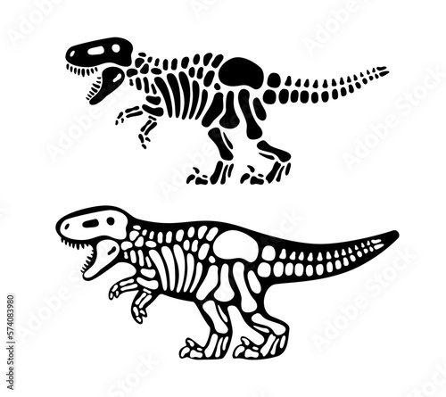 Tyrannosaurus bones and skull. T-rex skeleton. Prehistoric animal silhouette. Paleontology and archeology. Prehistoric creature bones