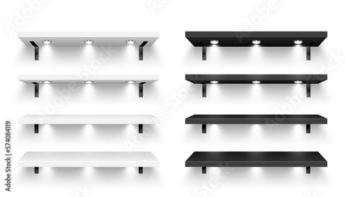 Realistic store shelves with wall mount and lighting, spotlights. Empty product shelf, grocery wall rack. Mall and supermarket furniture, bookshelf. Modern interior design. Vector illustration
