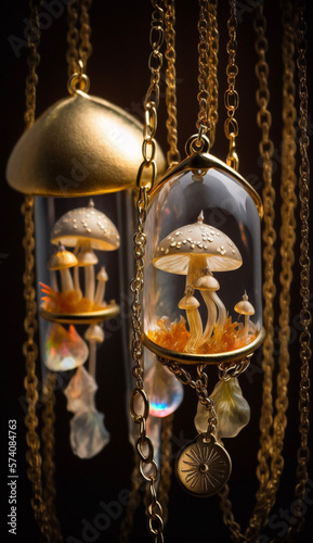 Gold and Prismatic Magic Mushroom Charms Hanging from Gold Chains Jewelry Trinket Baubles Suncatcher Generative AI
