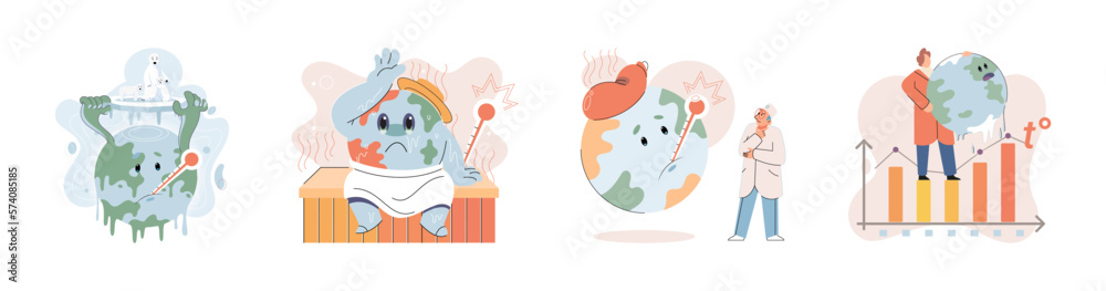 Naklejka premium Global warming. High temperature and hot weather Earth. Climate change concept. Hot melt planet earth. Global warming heating impact. Tiny people. Raising global temperature. People energy use planet