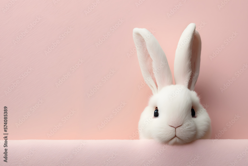 The cutest easter bunny, white fluffy rabbit, hare on pink background, pastel tones, cartoon, copy space, generative ai The cutest easter bunny, white fluffy rabbit, hare on pink background, pastel tones, cartoon, copy space, generative ai