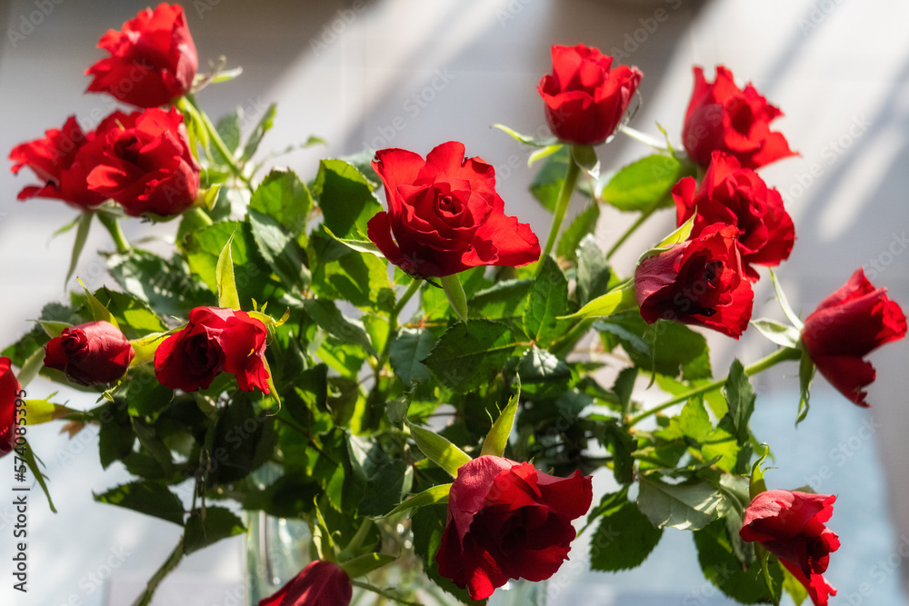The photo shows a bouquet of red roses in a vase The photo shows a bouquet of red roses in a vase