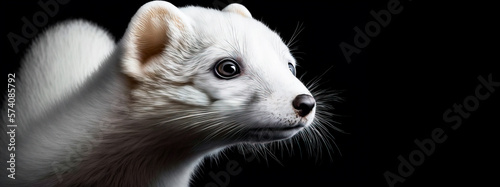 Close up of white Eurasian ermine on black background.  Close up of an ermine head created with generative ai.  photo