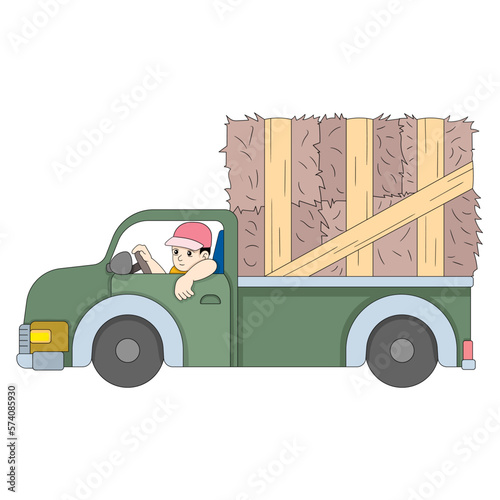 young man driving pickup truck hauling hay to customers