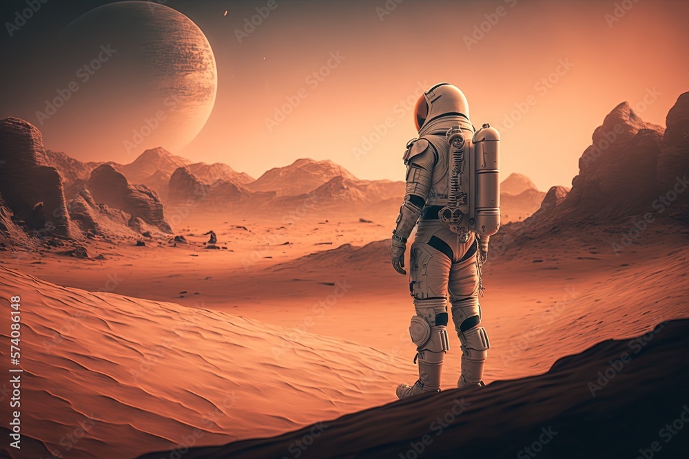 An astronaut in a space suit is alone on the surface of an unfamiliar planet, Generative AI